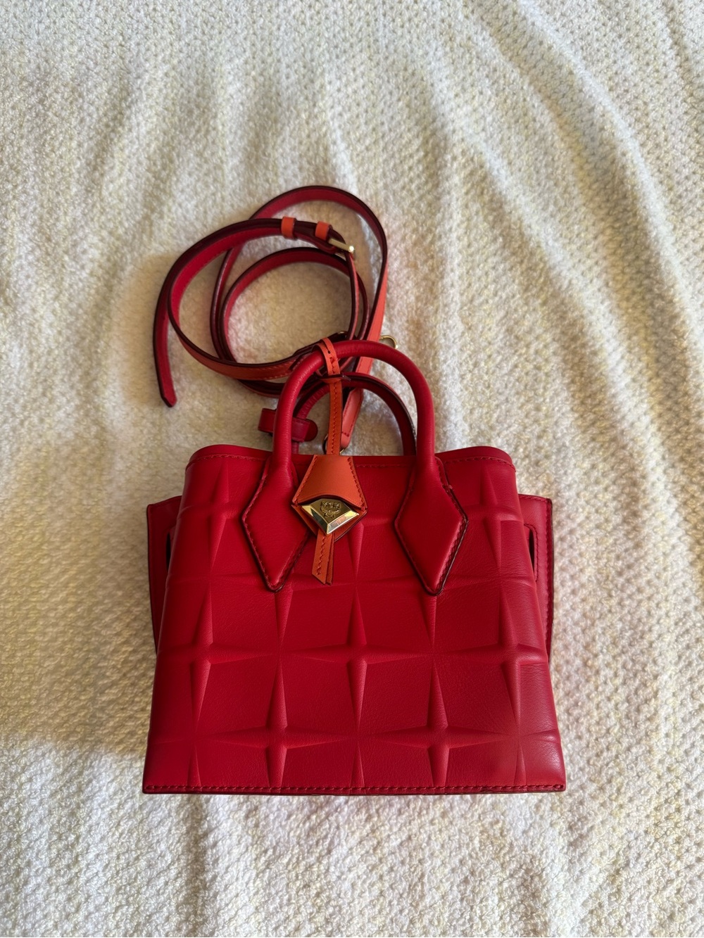 MCM Red Quilted Crossbody Satchel with Gold Accent